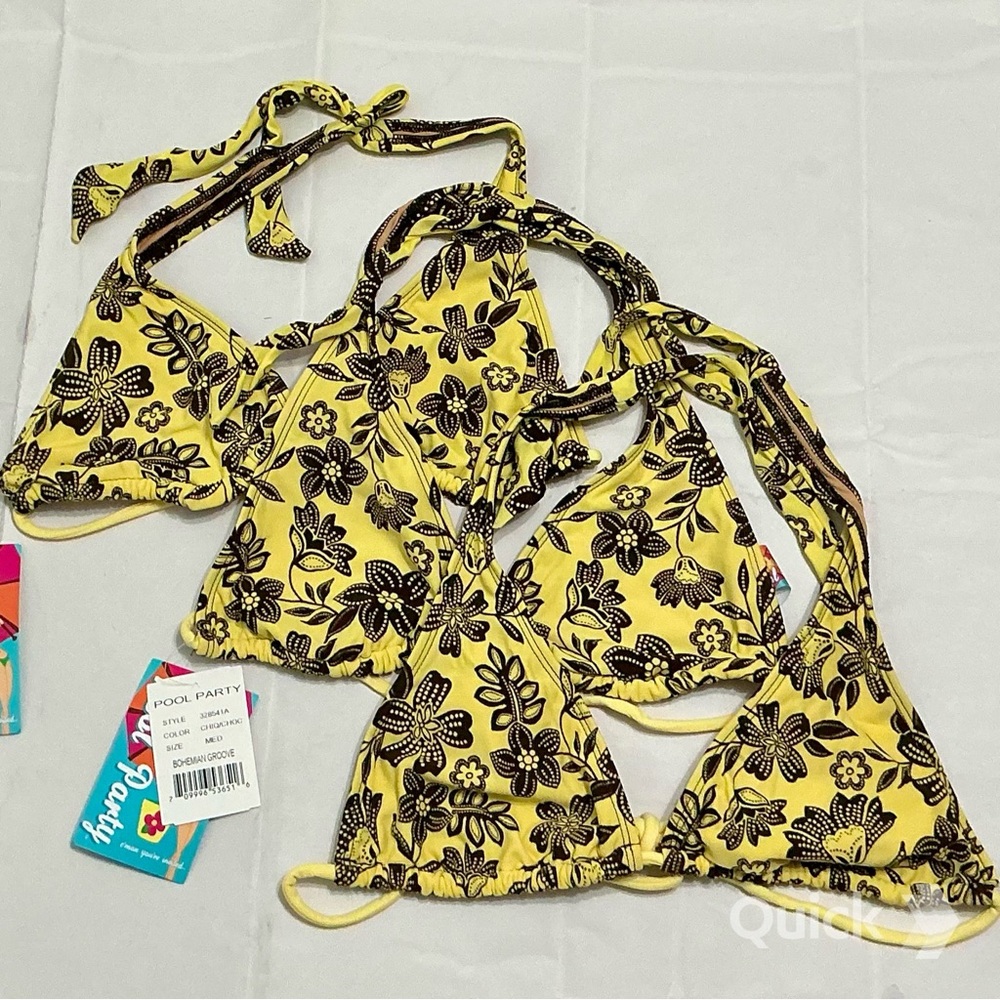 New Yellow Floral Triangle Halter Bikinis Tops - 3 pcs set